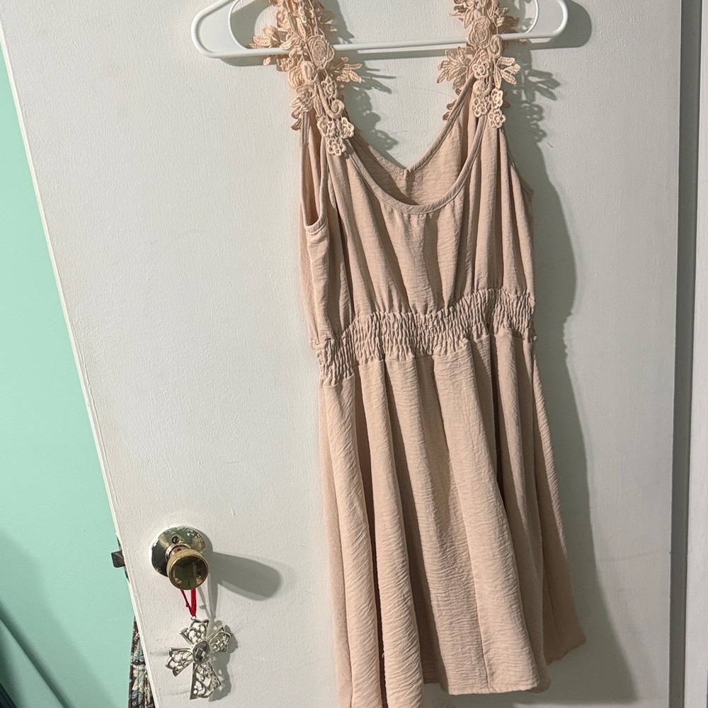 Beige Sleeveless Dress with Lace Straps